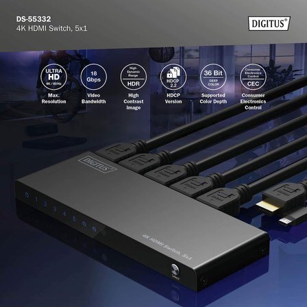 Digitus 5x1 HDMI Switch, 4K/60Hz HDCP 2.2 Kumandalı Geçiş Kontrolü