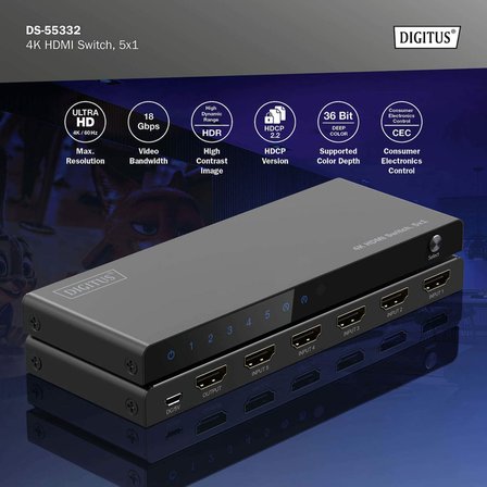 Digitus 5x1 HDMI Switch, 4K/60Hz HDCP 2.2 Kumandalı Geçiş Kontrolü