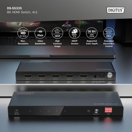 Digitus 4x1 HDMI Switch, 4K/60Hz HDCP 2.2 Kumandalı Geçiş Kontrolü