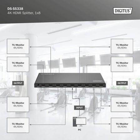 Digitus 1x8 HDMI Splitter ayırıcı, 4K/60Hz HDCP 2.3, EDID kontrolü