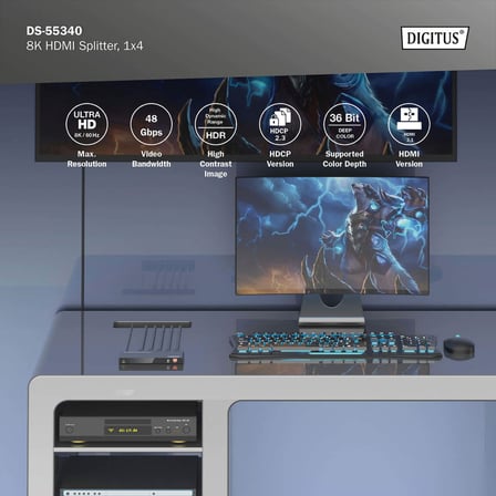 Digitus 1x4 HDMI Splitters ayırıcı, 8K/60Hz (4:4:4), Toslink, Stereo, EDID Kontrolü