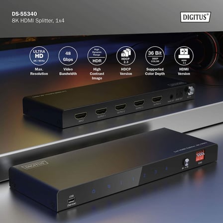 Digitus 1x4 HDMI Splitters ayırıcı, 8K/60Hz (4:4:4), Toslink, Stereo, EDID Kontrolü