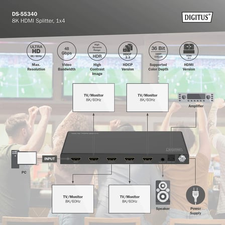 Digitus 1x4 HDMI Splitters ayırıcı, 8K/60Hz (4:4:4), Toslink, Stereo, EDID Kontrolü