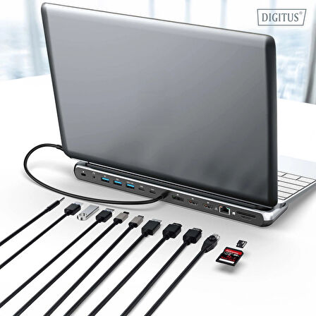 Digitus DA-70919 USB-C 8K 12 Port Bağlantı İstasyonu | 2x HDMI, 1x DP, 3x USB-A, USB-C, RJ45, PD, SD/MicroSD, Ses Çıkışı