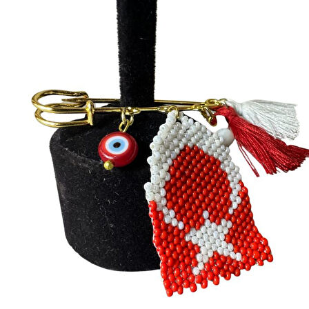 Uretti - Özlem 9422 1710 El Yapımı Türk Bayrağı Motifli Kum Boncuk Yaka İğnesi