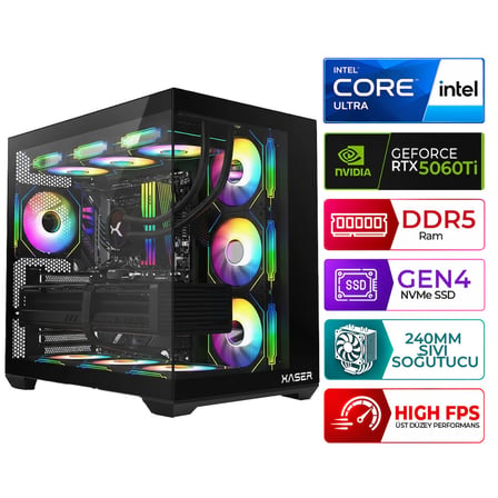 Xaser Kratos X130 Intel Ultra 5 225F 16GB DDR5 Ram 512GB M.2 NVMe SSD 16GB RTX5060Ti Sıvı Soğutmalı Masaüstü Oyuncu Bilgisayarı