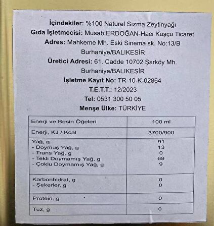 Naturel Sızma Zeytinyağı Olgun Hasat 2 Litre