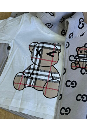 3'lü Bebek Çocuk Şardonlu Kapişonlu Sweatshirt Uzun Kollu Tshirt Ve Eşohman Altı Takımı