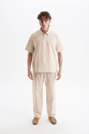 Erkek %100 Pamuklu Keten Görünümlü Pantolon Tshirt Takım Bej