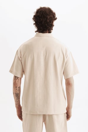 Erkek %100 Pamuklu Keten Görünümlü Pantolon Tshirt Takım Bej