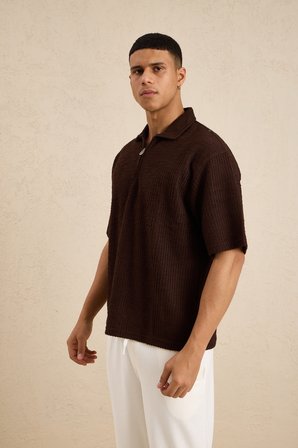Erkek Teknik Kumaş Polo Yaka Tshirt Kahverengi