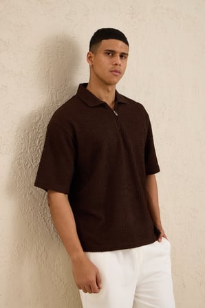 Erkek Teknik Kumaş Polo Yaka Tshirt Kahverengi