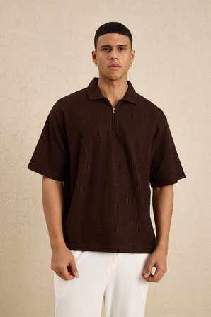 Erkek Teknik Kumaş Polo Yaka Tshirt Kahverengi