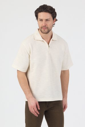 Erkek Teknik Kumaş Polo Yaka Tshirt Ekru