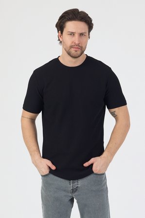 Erkek Pirinç Dokulu Örme Basic Tshirt Siyah