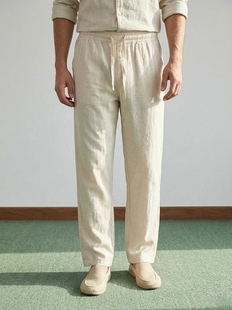 Erkek Baggy Kalıp Beli Lastikli %100 Pamuk Keten Görünümlü Pantolon Bej 1007DNGR