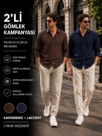 Danger 2'li Erkek Pamuklu Keten Görünümlü Gömlek Kahverengi - Lacivert %100 Pamuk Rahat Kalıp Yazlık Gömlek 1683