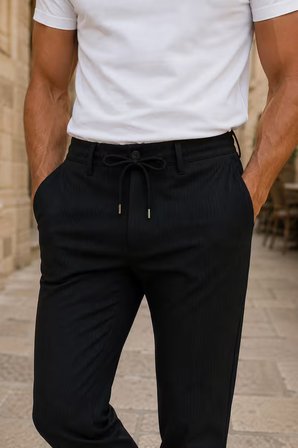 Erkek Comfort Fit Siyah Çizgili Jogger Pantolon Esnek Kumaş 0247DNGR