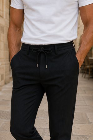 Erkek Comfort Fit Siyah Çizgili Jogger Pantolon Esnek Kumaş 0247DNGR