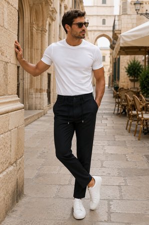 Erkek Comfort Fit Siyah Çizgili Jogger Pantolon Esnek Kumaş 0247DNGR