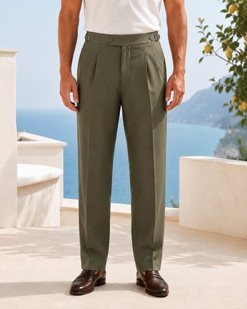 Erkek Viskon Karışımlı Yan Tokalı Pileli Baggy Pantolon Haki 0171DNGR