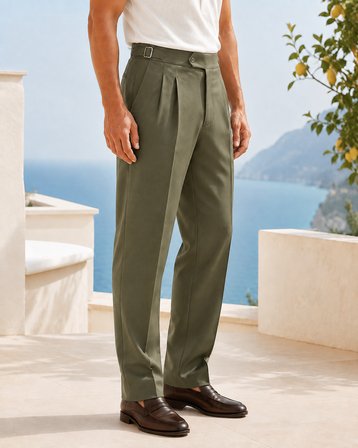 Erkek Viskon Karışımlı Yan Tokalı Pileli Baggy Pantolon Haki 0171DNGR