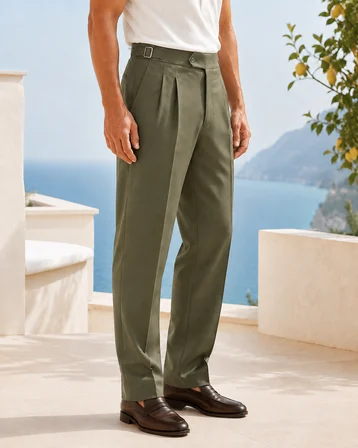 Erkek Viskon Karışımlı Yan Tokalı Pileli Baggy Pantolon Haki 0171DNGR