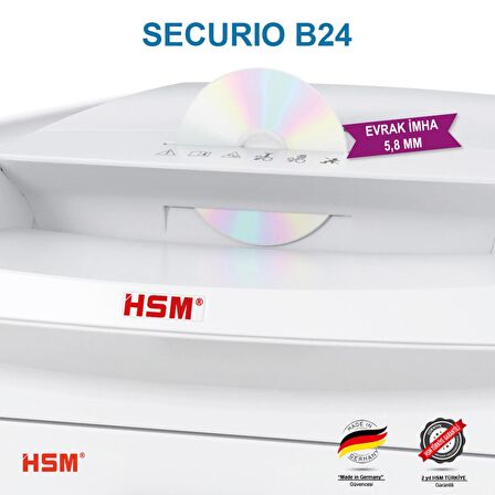 HSM SECURIO B24 - 5,8mm Evrak İmha Makinesi / Kağıt Kırpma Makinesi - CD İmha Makinesi - 35lt 