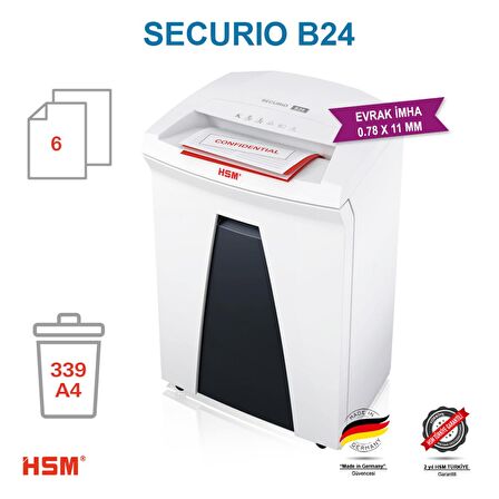 HSM SECURIO B24 - Parçacık kesim 0.78X11mm- Evrak İmha Makinesi / Kağıt Kırpma Makinesi - 35lt