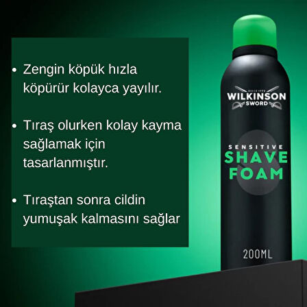 Wilkinson Sword Sensitive Tıraş Köpüğü 200 ml - Hassas Ciltler, 0 Alkol