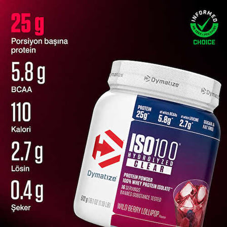 Dymatize Iso 100 Hydrolyzed Clear Whey Protein Tozu 512 Gr - KIRMIZI MEYVELER