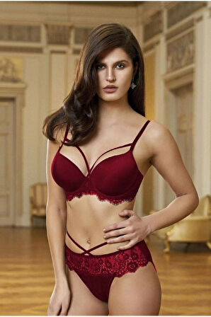 Kadın Bordo Dekolteli Desteksiz Sütyen Takım