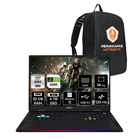 MSI Raider 18 HX AI Ultra 9 285HX 32GB 4TB SSD RTX5080/16GB 175W 18'' UHD+ W11P Gaming Laptop