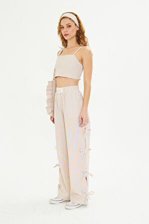 Kadın Kareli Kumaş Çanta Saç Bandı Crop ve Pantolon Alt Üst Takım Kombini