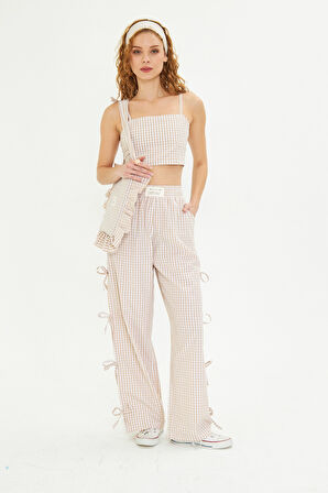 Kadın Kareli Kumaş Çanta Saç Bandı Crop ve Pantolon Alt Üst Takım Kombini