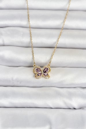 Utterly Good Kadın Kolye 316L Çelik Gold Mor Kelebek Zirkon Taşlı