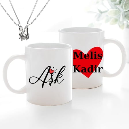 Çılgıntrend Kişiye Özel İsimli Kupa Bardak Ve Mıknatıslı Çift Kolyesi Seti Çok Renkli