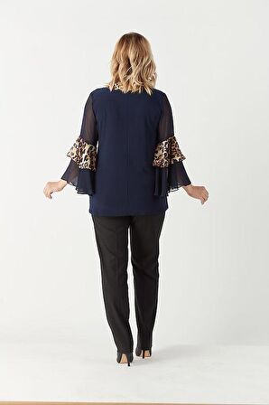 4039 Leopar Desenli Volan Kollu Büyük Beden Bluz Lacivert