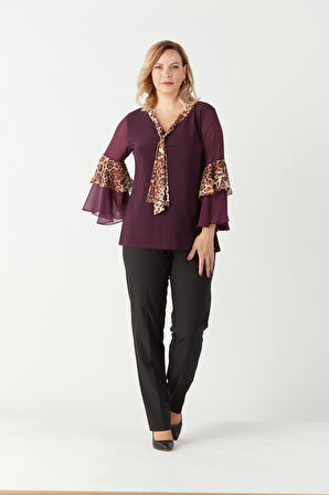 4039 Leopar Desenli Volan Kollu Büyük Beden Bluz Mürdüm