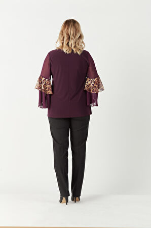 4039 Leopar Desenli Volan Kollu Büyük Beden Bluz Mürdüm