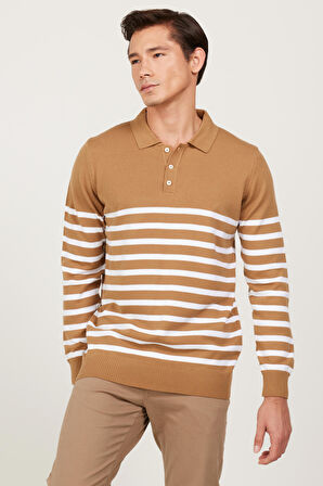 Erkek VIZON-EKRU Standart Fit Normal Kesim Polo Yaka Çizgili Triko Kazak