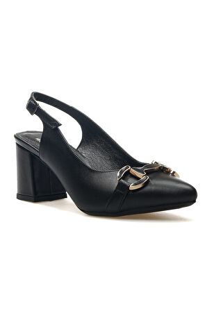 Venüs 25461074 Kadın Hakiki Deri Tokalı Sivri Burun Arkası Açık Kalın Topuk Ayakkabı