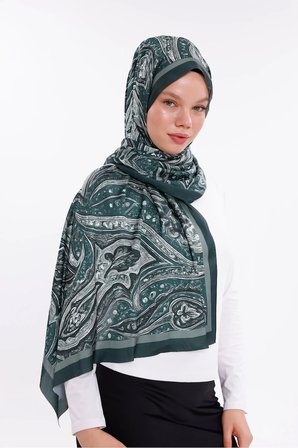 Yeşil Vintage Desenli Desenli Şifon Saten Şal - 70x170 cm