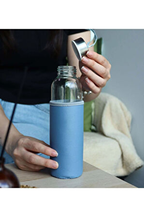 Mavi 500ml Deri Kılıflı Su Matarası