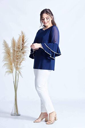 4043 Lacivert Kolları Volanlı Esnek Şık Taşlı Büyük Beden Bluz