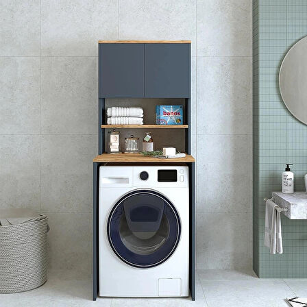 Reyo Çamaşır Kurutma Makinesi Dolabı 3 Raflı 2 Kapaklı Banyo Dolabı Mat Antrasit-Çam