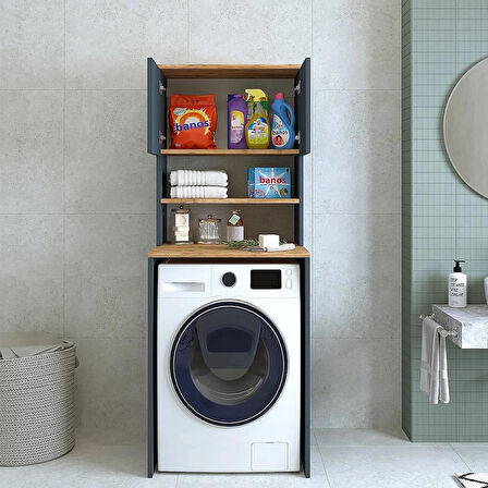 Reyo Çamaşır Kurutma Makinesi Dolabı 3 Raflı 2 Kapaklı Banyo Dolabı Mat Antrasit-Çam