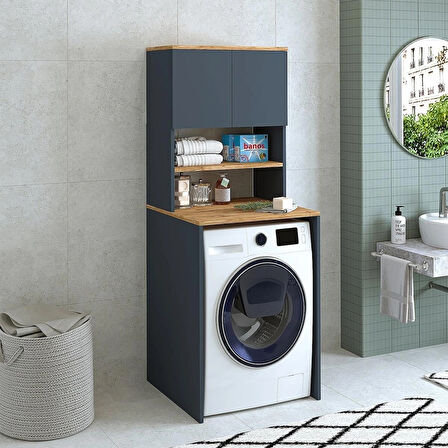 Reyo Çamaşır Kurutma Makinesi Dolabı 3 Raflı 2 Kapaklı Banyo Dolabı Mat Antrasit-Çam