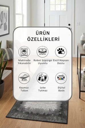 Yıkanabilir Kaymaz Taban Dijital Baskılı Yolluk Halı Açık Gri