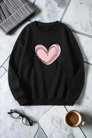 Unisex Cream Kalp Baskılı Bisiklet Yaka Sweatshirt